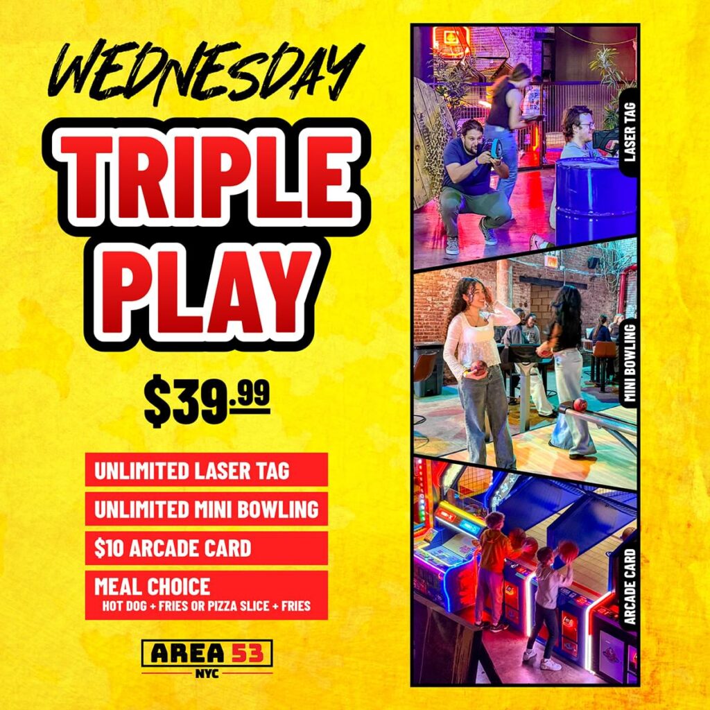 Triple play wednesday! $39.99 for unlimited laser tag, unlimited mini bowling, a $10 arcade card and a meal choice of either a hot dog & fries or a pizza silce & fries! 